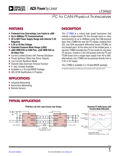 I2C to CAN-Physical Transceiver LT3960