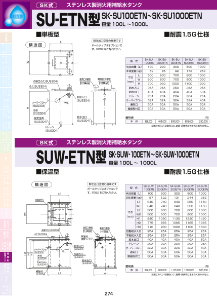 下田エコテック ステンレス製 消火用補給水槽 タンク 製品カタログ 