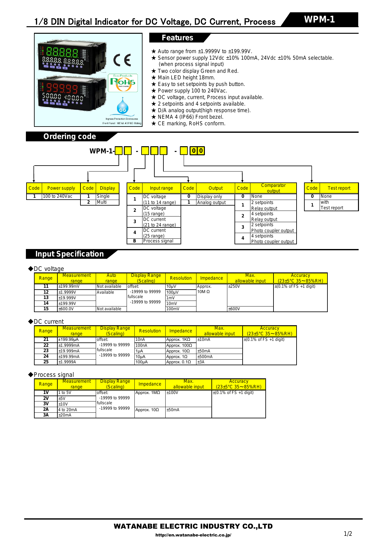 1/8 DIN(48×96mm) Meter for DC”WPM Series”