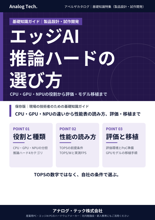 【基礎知識】エッジAI推論ハードウェア（NPU）の選び方｜CPU・GPU・NPUの違い、推論アクセラレータ4カテゴリ、TOPSの読み方、評価とモデル移植