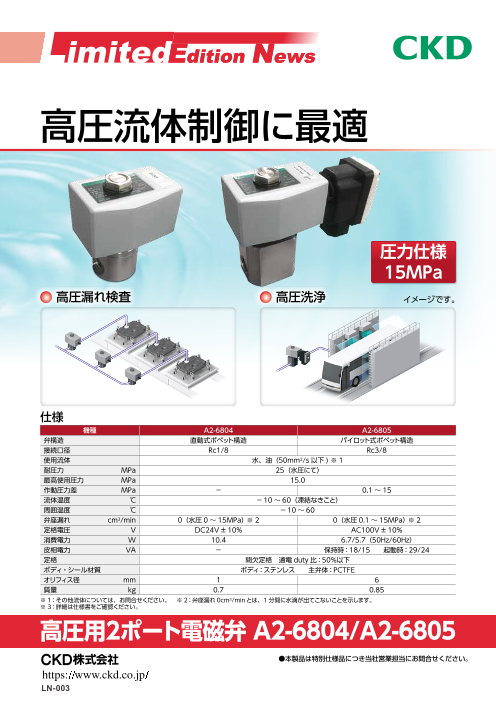 【高圧流体制御に最適】高圧用2ポート電磁弁 A2-6804/A2-6805