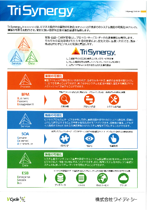 業務 機能 情報を可視化し プロセス サービス データの連携基盤を構築 Trisynergyソリューション 株式会社ワイ ディ シー のカタログ無料ダウンロード Aperza Catalog アペルザカタログ ものづくり産業向けカタログサイト