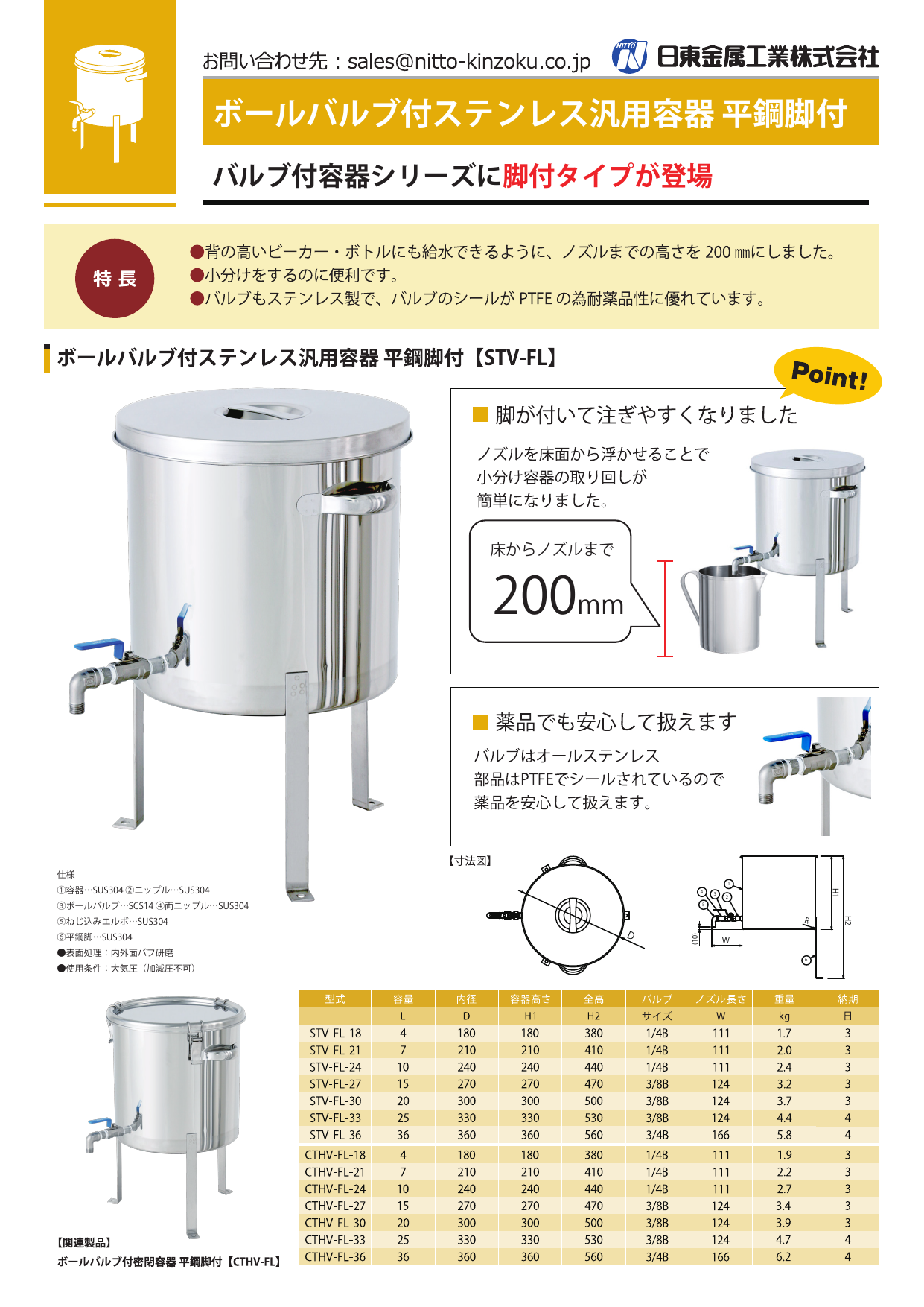 SALE】日東 ボールバルブ付汎用容器平鋼脚付 4L ( STV-FL-18 ) 日東