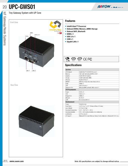 ファンレス組込みPC AAEON UPC-GWS01（サンテックス株式会社）の