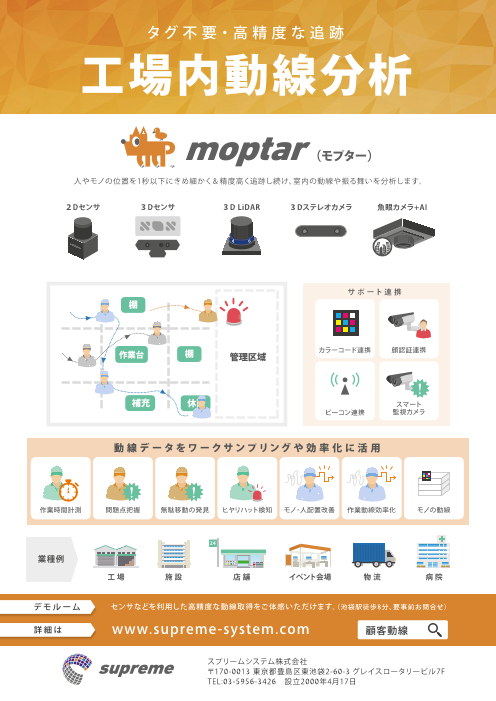 タグ不要 高精度な追跡 工場内動線分析 Moptar モプター スプリームシステム株式会社 のカタログ無料ダウンロード 製造業向けカタログポータル Aperza Catalog アペルザカタログ