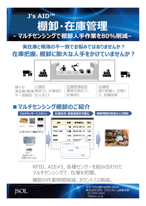 80 工数削減 マルチセンシングで棚卸人手作業を80 削減 J S Aid 棚卸 在庫管理 株式会社jsol のカタログ無料ダウンロード 製造業向けカタログポータル Aperza Catalog アペルザカタログ