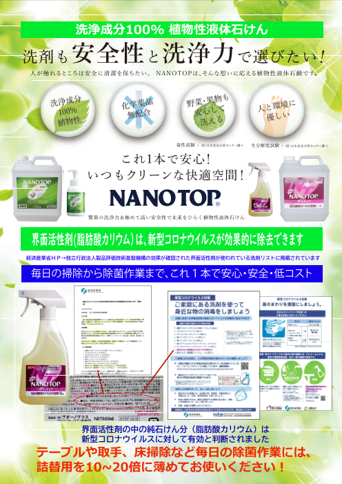 洗浄成分100％植物性液体石けん NANO TOP（株式会社ブオーノプラス）の