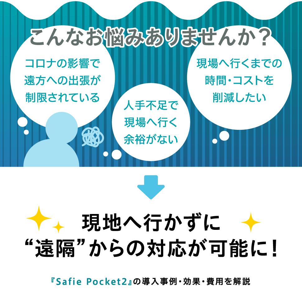 こんなお悩みありませんか？　 コロナの影響で遠方への出張が制限されている　人手不足で現場へ行く余裕がない　現場へ行くまでの時間・コストを削減したい　現地へ行かずに”遠隔”からの対応が可能に！　『Safie Pocket2』の導入事例・効果・費用を解説