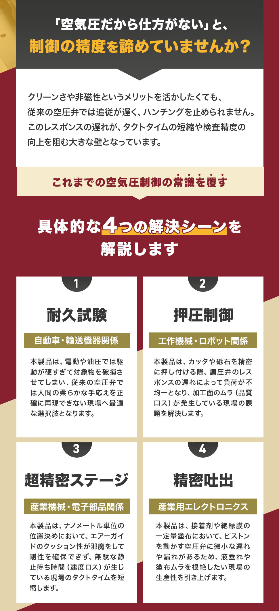 「空気圧だから仕方がない」と、制御の精度を諦めていませんか？これまでの空気圧制御の常識を覆す、具体的な4つの解決シーンを解説します。